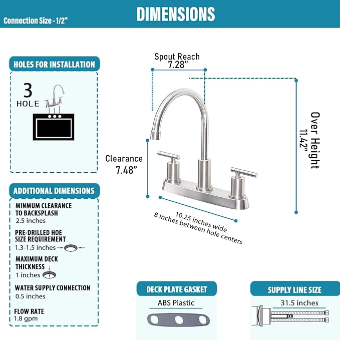 3 Hole Kitchen Faucet, Brushed Nickel Two Handles Kitchen Faucet, RV Kitchen Sink Faucet, 3 Hole or 4 Holel Faucet for Kitchen Sink TDLKF024W-L