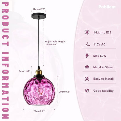 Modern Hammered Pendant Light Purple Glass Hanging Pendant Light 7.8" Globe Pendant Light Fixture Black Farmhouse Kitchen Lighting Over Island Sink Dining Room Table