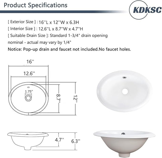 Bathroom Vessel Sink 16'' x 12'' Semi Recessed Bathroom Sink Oval Drop In Sink with Overflow White Ceramic Modern Vessel Sinks for Bathroom