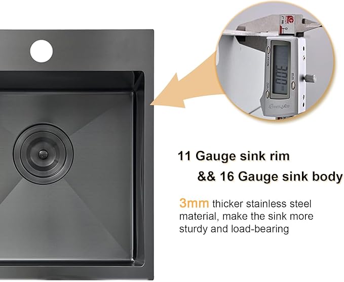 IKEBANA 15x17 Inch Black Bar sink, Drop in Stainless Steel Small Kitchen Sink, Topmount Single Bowl Sinks for Wet Bar RV Outdoor Prep Laundry