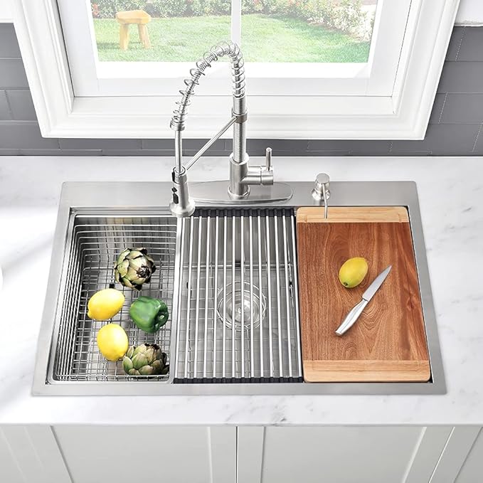 28 Inch Drop In Kitchen Sink Workstation-VASOYO 28x20 Drop In Sink Topmount 16 Gauge Deep Stainless Steel Single Bowl Kitchen Sinks with Cutting Board