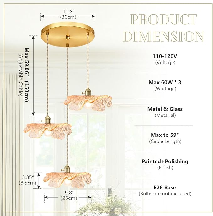 Amber Glass Pendant Chandelier, 3-Light Gold Brass Modern Light Fixture for Kitchen Island, Dining Table, Hallway & Entryway