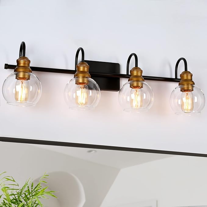 LALUZ Bathroom Vanity Light, 4-Light Black Bathroom Light Fixtures with Oil Rubbed Bronze Finish, Modern Farmhouse Vanity Lights with Clear Globe Glass Shade (L 29.5" x W 7" x H 9")