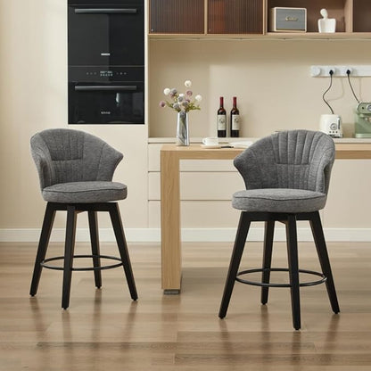 Set of 2 Counter Height Swivel Bar Stools, Chenille Upholstered Chairs with Wide Backrest for Bar, Kitchen Island, Dining Room, Dark Grey (Dark Grey + Chenille + Foam)
