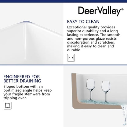 DeerValley Farmhouse Kitchen Sink 30 Inch, Fireclay White Apron Front Farm Sink, Single Bowl Deep Drop-in Undermount Reversible Sink with Grid & Strainer