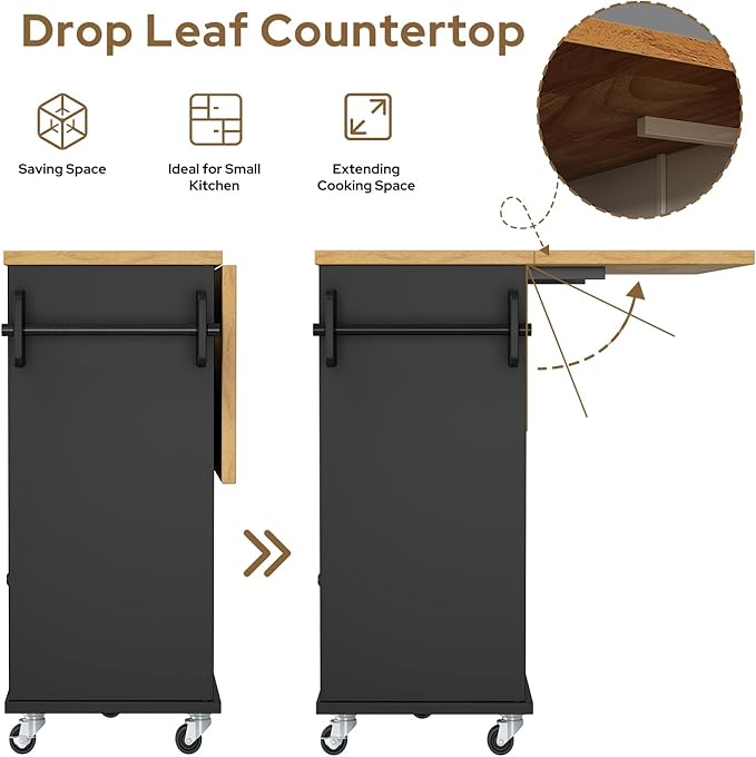 Rolling Kitchen Island with Storage Cabinet, 41.3'' Width Kitchen Cart with Desktop Drop Leaf Countertop, Portable Mobile Island with Towel Rack, Spice Rack Shelf and Lockable Wheels, Black