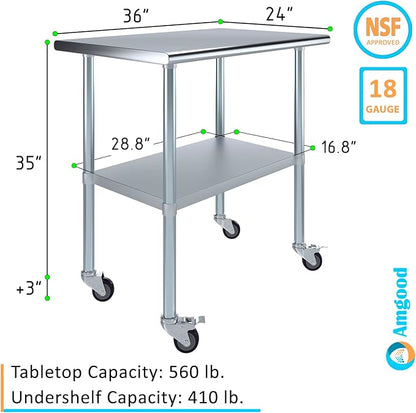 Stainless Steel Work Table with Wheels | NSF Kitchen Island Food Prep | Laundry Garage Utility Bench (Table + Wheels, 36" Long x 24" Deep)