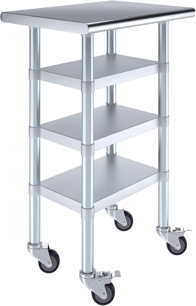 AmGood Stainless Steel Work Table with 3 Shelves and Casters | Kitchen Island Food Prep | Laundry Garage Utility Bench | NSF Certified (24" Long x 18" Deep)