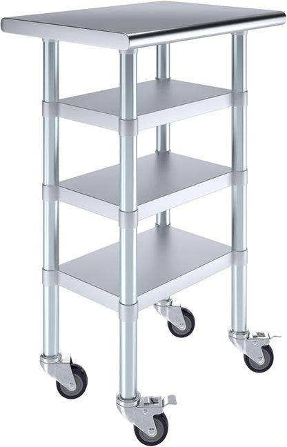 AmGood Stainless Steel Work Table with 3 Shelves and Casters | Kitchen Island Food Prep | Laundry Garage Utility Bench | NSF Certified (24" Long x 18" Deep)