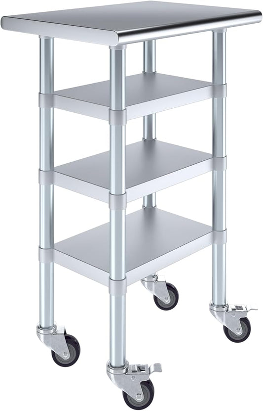 AmGood Stainless Steel Work Table with 3 Shelves and Casters | Kitchen Island Food Prep | Laundry Garage Utility Bench | NSF Certified (24" Long x 18" Deep)