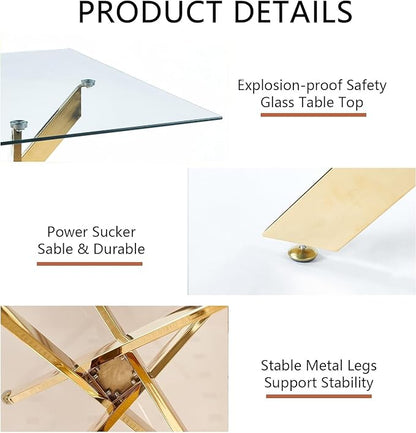 36" Square Dining Table for 2 3 4 People, Modern Dining Table with Gold Chrome Metal X-Shaped Legs, Small Glass Kitchen Tables Family Dinner Tables for Home Office Living Room