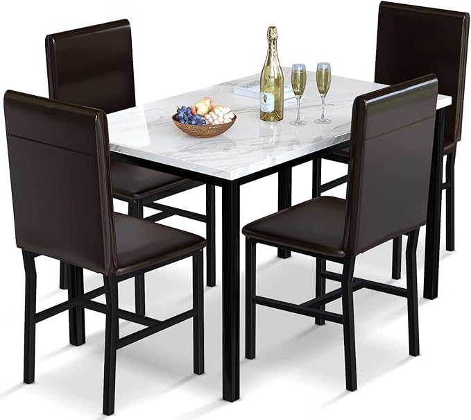 AWQM 5 Piece Dinning Table Sets for 4, Marble Kitchen Table and Chairs for 4,Dining Room Table Set with PU Leather Chairs,Faux Marble Dining Set for Small Spaces,Living Room,White+Brown