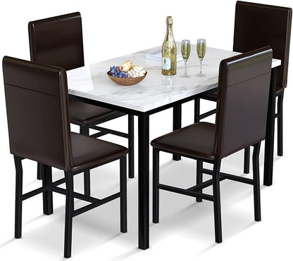 AWQM 5 Piece Dinning Table Sets for 4, Marble Kitchen Table and Chairs for 4,Dining Room Table Set with PU Leather Chairs,Faux Marble Dining Set for Small Spaces,Living Room,White+Brown