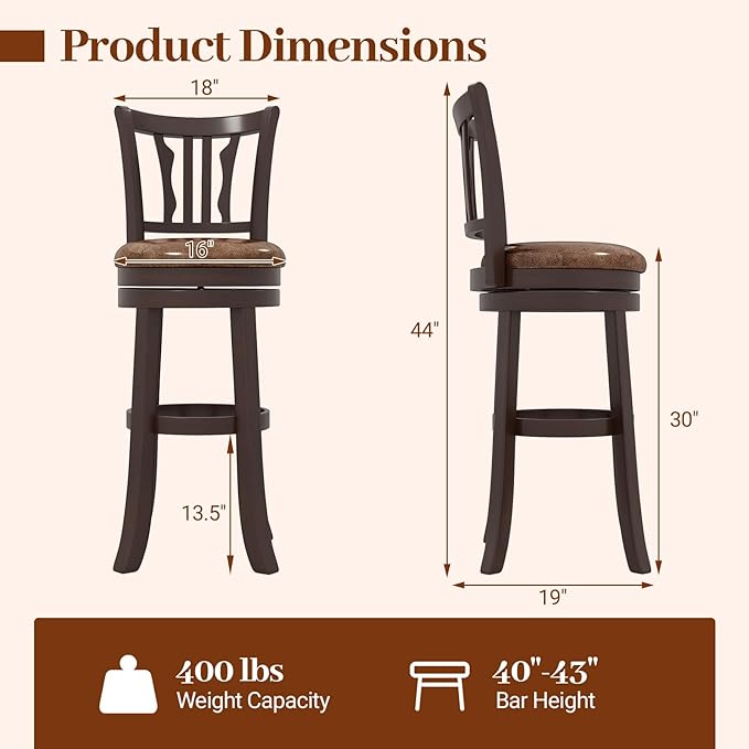 Giantex Swivel Bar Stools Set of 2, 30" Upholstered Bar Height Bar Chairs with Back, Faux Leather Seat, Solid Rubber Frame & Wrap-Around Footrest, Wooden Barstools for Kitchen Island, Pub