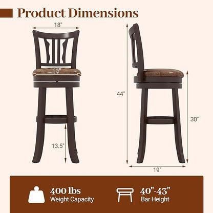 Giantex Swivel Bar Stools Set of 2, 30" Upholstered Bar Height Bar Chairs with Back, Faux Leather Seat, Solid Rubber Frame & Wrap-Around Footrest, Wooden Barstools for Kitchen Island, Pub