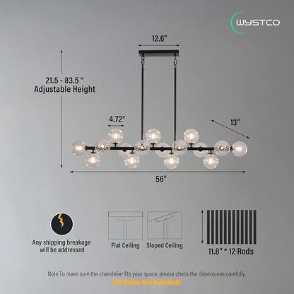 56 Inch Black Linear Chandeliers for Dining Room, Kitchen Island, Living Room, 16-Light Mid Century Modern Light Fixture Over Table, Large Clear Glass Globe Sputnik Bubble Chandelier