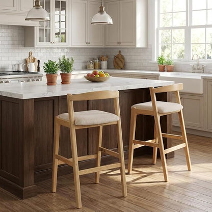 Set of 2 Bar Stools, Solid Rubber Wood Frame with Beige Polyester Cushion, Ergonomic Backrest & Smooth Lines, Modern Kitchen Island Chairs for Dining Room (Natural)