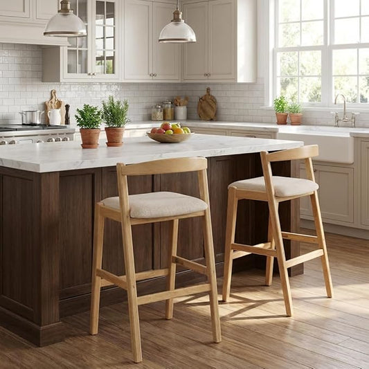 Set of 2 Bar Stools, Solid Rubber Wood Frame with Beige Polyester Cushion, Ergonomic Backrest & Smooth Lines, Modern Kitchen Island Chairs for Dining Room (Natural)