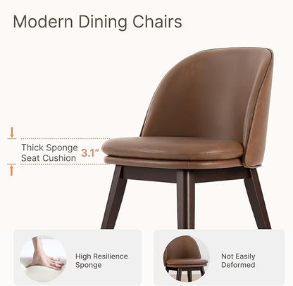 KISLOT Wooden Dining Chairs Set of 2, Faux Leather Upholstered Modern Dining Room Chairs with Double-Layer Thick Seat Cushion & Ergonomic Backrest for Restaurant, Kitchen and Café, Brown