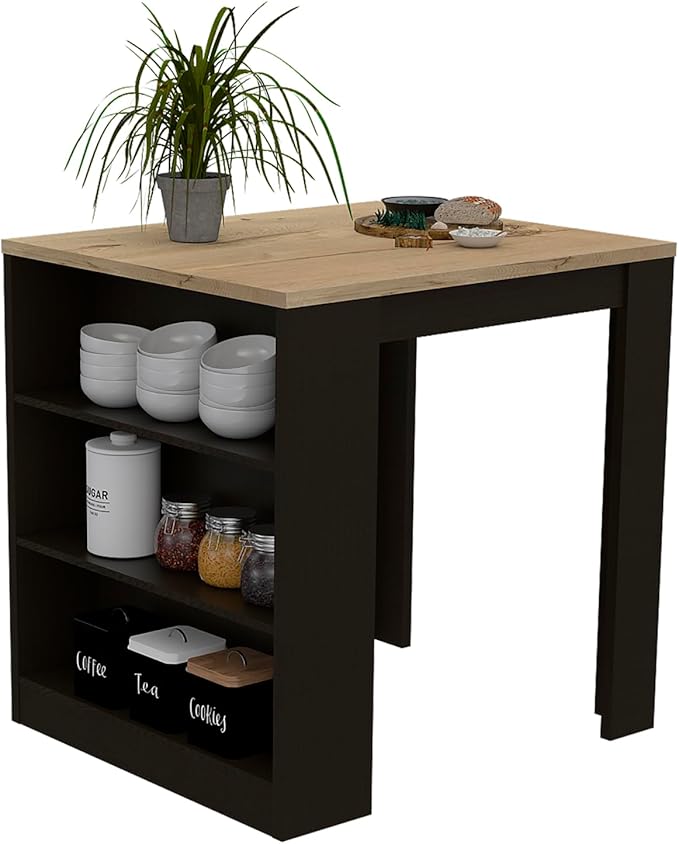 Kitchen Island Table, Two Legs, Three Side Shelves, Black/Pine