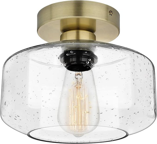 SunRider Industrial Semi-Flush Mount Ceiling Light Fixture, Seeded Glass Pendant Lamp, Brass Farmhouse Lighting for Hallway Porch Corridor Bedroom