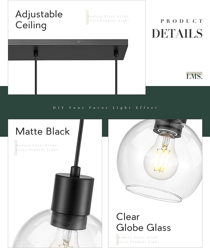 LMS 3-Light Island Lights, Matte Black Dining Room Over Table Hanging Linear Chandeliers, Farmhouse Chandeliers for Kitchen Island Pendant Light Fixtures with Clear Globe Glass Shade, LMS-122SPL-BK3