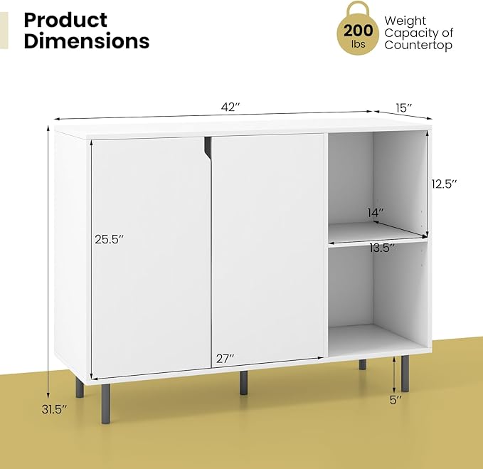 Giantex Buffet Cabinet with Storage, Wooden Sideboard with 2-Door Cabinet, 2 Cubes, 5-Position Adjustable Shelves, 5 Metal Legs, Anti-Toppling Device, Modern Furniture for Kitchen Living Room (White)