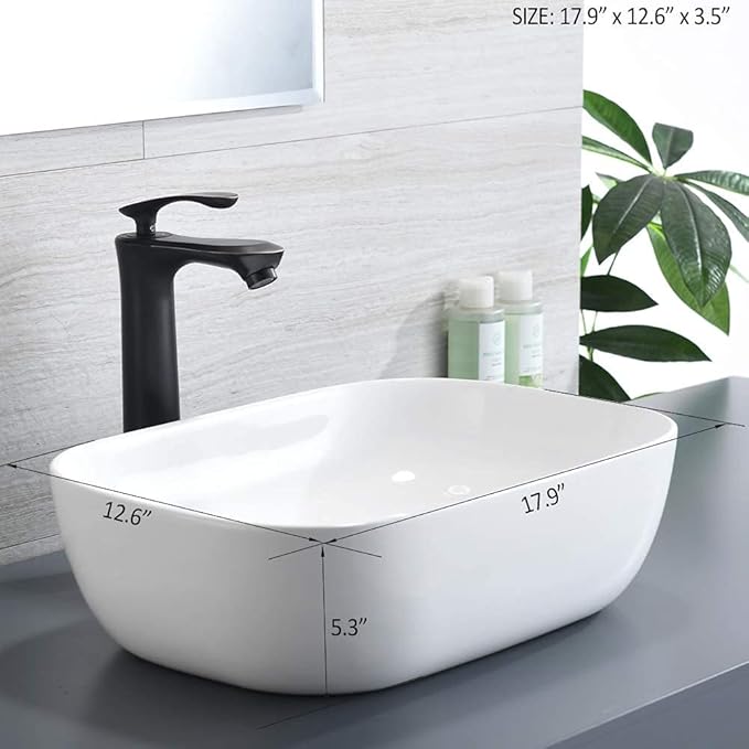 Rectangle Ceramic Vessel Sink, BoomHoze 18"x13" Modern White Vessel Sink for Bathroom Above Counter Lavatory Vanity Porcelain Washinng Art Basin