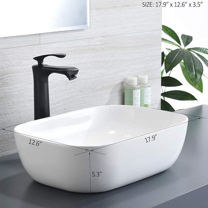 Rectangle Ceramic Vessel Sink, BoomHoze 18"x13" Modern White Vessel Sink for Bathroom Above Counter Lavatory Vanity Porcelain Washinng Art Basin