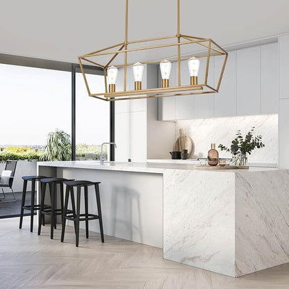 BONLICHT Modern 4 Light Farmhouse Chandelier Gold Linear Kitchen Island Pendant Light Traditional Rectangular Dining Room Lighting Fixture Hanging Metal Cage Pendant Lamp for Hallway Foyer