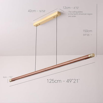 47" Wood Linear Pendant Light, Modern Wabi-Sabi Chandelier with Handcrafted Walnut & Brass, 3 Color Temperatures (3000K-6000K), Hanging Light Fixture for Dining Room, Kitchen, Bedroom