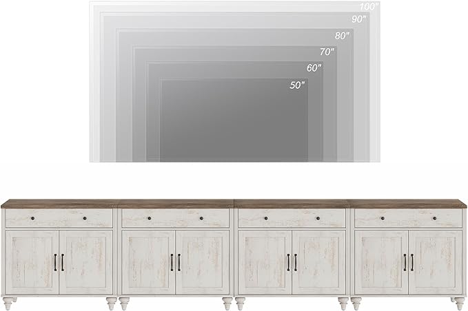 WAMPAT Large Buffet Cabinet with 8 Doors and 4 Drawers, Mid-Century Modern Coffee Bar Table Wood Kitchen Storage Cabinets, Farmhouse Sideboard Credenza for Dining Room, Rustic White, 134 inch
