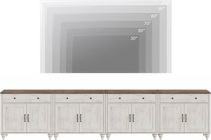 WAMPAT Large Buffet Cabinet with 8 Doors and 4 Drawers, Mid-Century Modern Coffee Bar Table Wood Kitchen Storage Cabinets, Farmhouse Sideboard Credenza for Dining Room, Rustic White, 134 inch