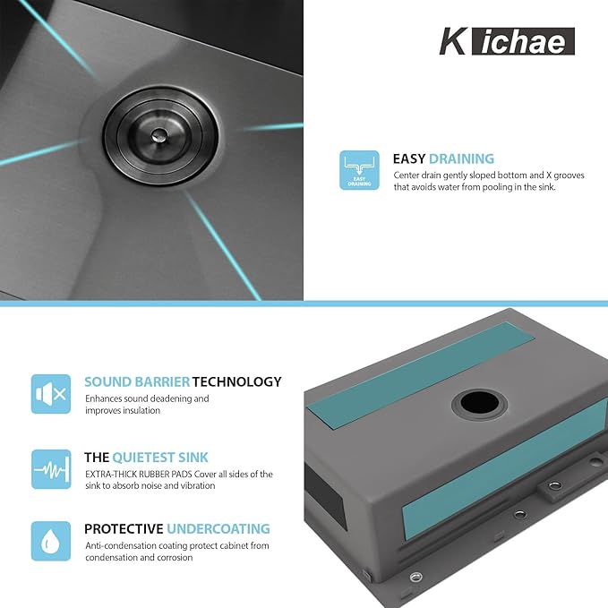 Kichae 33 Black Kitchen Sink Drop In Waterfall - 33x22 Drop Sink Stainless Steel 16G Single Bowl Waterfall Kitchen Sink Workstation Handmade with Faucet & Glass Rinser