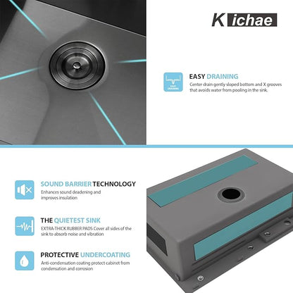Kichae 33 Black Kitchen Sink Drop In Waterfall - 33x22 Drop Sink Stainless Steel 16G Single Bowl Waterfall Kitchen Sink Workstation Handmade with Faucet & Glass Rinser