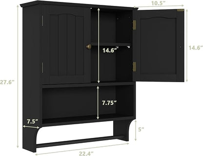 Smuxee Black Bathroom Cabinet Wall Mounted with Towels Bar, Medicine Cabinet with 2 Door Adjustable Shelves, Over Toilet Cabinet for Bathroom Laundry Room Kitchen