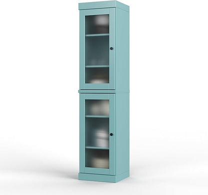 Palace Imports Solid Wood Kitchen Pantry Cabinet w/Frosted Glass Doors - Narrow Storage Cabinet - 16.5" Wide x 71.5" Tall - Aqua, Adjustable Shelves, 100% Eco-Friendly Wood, Modular Cabinets