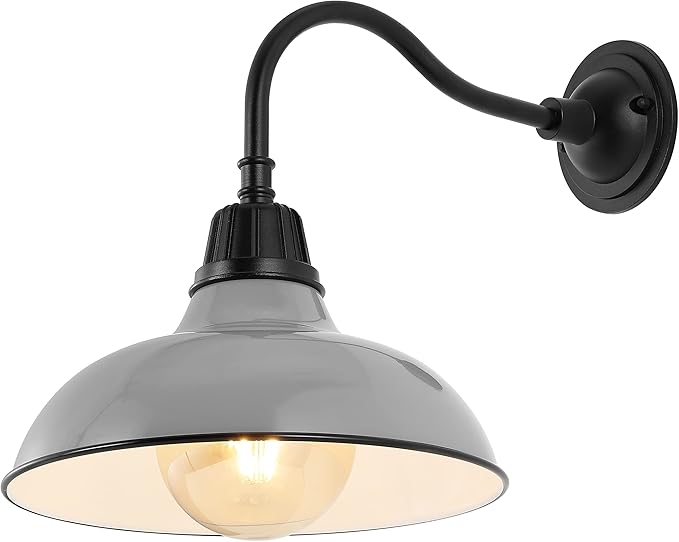 JONATHAN Y 12.25" Gray/Black Farmhouse Industrial Outdoor Sconce, LED Gooseneck Wall Light for Porch, Metal Bowl Shade, Dimmable Vintage Exterior Fixture, LED Bulb Included (JYL7613D)