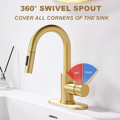Bathroom Sink Faucet with Pull Down Sprayer,Single Handle Pull Out Faucet with Pop-Up Drain, 1 or 3 Hole Laundry Bar Basin Brushed Gold Faucet with Deck Plate