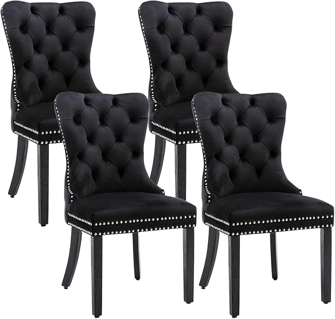 Eifizek Velvet Dining Chairs Set of 4, Upholstered Dining Room Chairs with Nailhead Ring Pull Trim, Button Tufted Dinning Chairs for Dining with Solid Wood Legs for Kitchen Dining Room(Black)