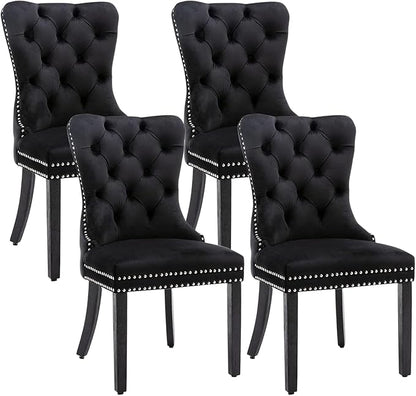 Eifizek Velvet Dining Chairs Set of 4, Upholstered Dining Room Chairs with Nailhead Ring Pull Trim, Button Tufted Dinning Chairs for Dining with Solid Wood Legs for Kitchen Dining Room(Black)