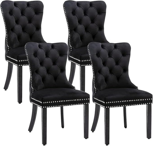 Eifizek Velvet Dining Chairs Set of 4, Upholstered Dining Room Chairs with Nailhead Ring Pull Trim, Button Tufted Dinning Chairs for Dining with Solid Wood Legs for Kitchen Dining Room(Black)