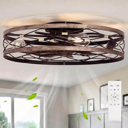 SHLUCE 23.6" Caged Ceiling Fan with Light Flush Mount, Farmhouse Low Profile Ceiling Fans with Lights and Remote, 6 Speeds Rustic Large Bladeless Ceiling Fan with Light for Bedroom, Living Room