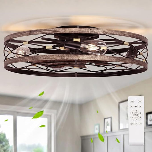 SHLUCE 23.6" Caged Ceiling Fan with Light Flush Mount, Farmhouse Low Profile Ceiling Fans with Lights and Remote, 6 Speeds Rustic Large Bladeless Ceiling Fan with Light for Bedroom, Living Room