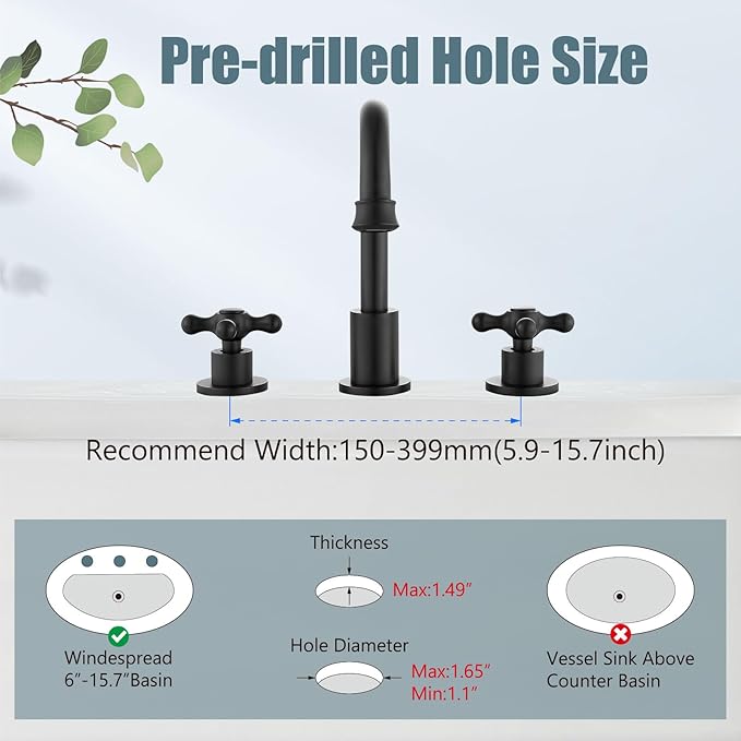 Aolemi 8 Inch 3 Holes Widespread Bathroom Sink Faucet Double Cross Handle SUS304 360 Degree Swivel Spout with Pop Up Drain Deck Mount Lavatory Mixer Tap Matte Black