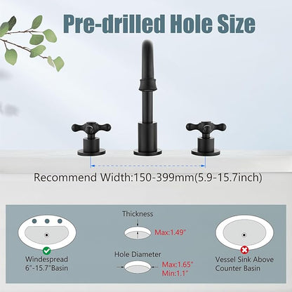 Aolemi 8 Inch 3 Holes Widespread Bathroom Sink Faucet Double Cross Handle SUS304 360 Degree Swivel Spout with Pop Up Drain Deck Mount Lavatory Mixer Tap Matte Black