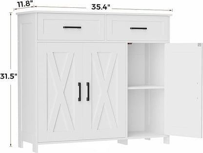 Homhedy Sideboard Buffet Cabinet, Coffee Bar Storage Cabinet with Drawers and Doors, Farmhouse Kitchen Cabinet with Adjustable Shelves, for Kitchen, Dining Room, Living Room, White