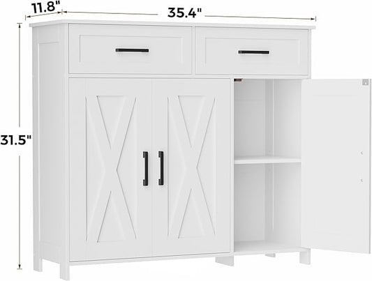 Homhedy Sideboard Buffet Cabinet, Coffee Bar Storage Cabinet with Drawers and Doors, Farmhouse Kitchen Cabinet with Adjustable Shelves, for Kitchen, Dining Room, Living Room, White