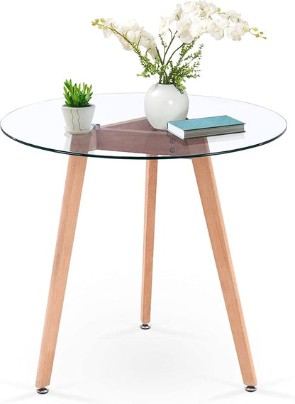ivinta Round Dining Table for 4 People, 31.5" Modern Glass Kitchen Table with Tempered Glass Top and Wooden Legs for Dining Room, Living Room, RD-DT (Natural Wood)