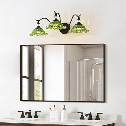 Vintage Bathroom Vanity Light Fixtures - 3 Light Antique Matte Black Bathroom Lights Fixture Over Mirror with Green Flower Glass,Retro High End Wall Mounted Vanity Lighting for Bath Powder Room